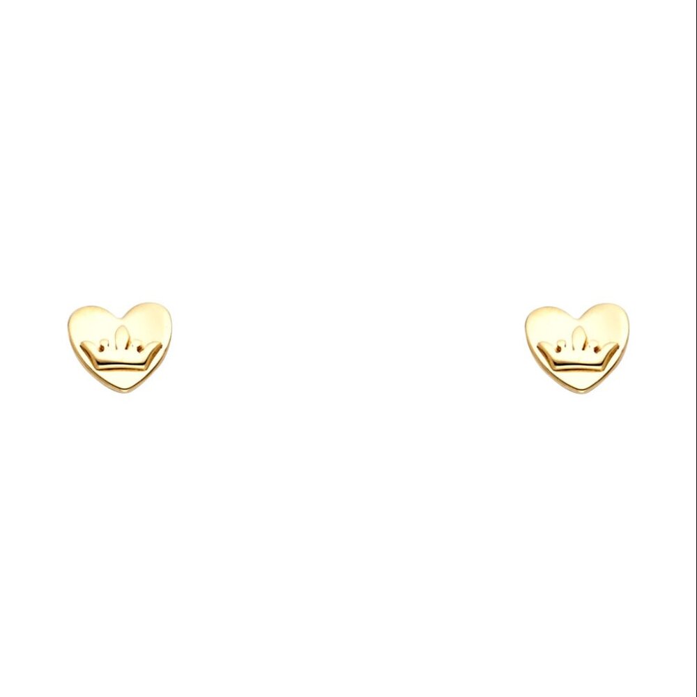14KT Gold Heart and Crown Screw Back Stud Earrings 6mm